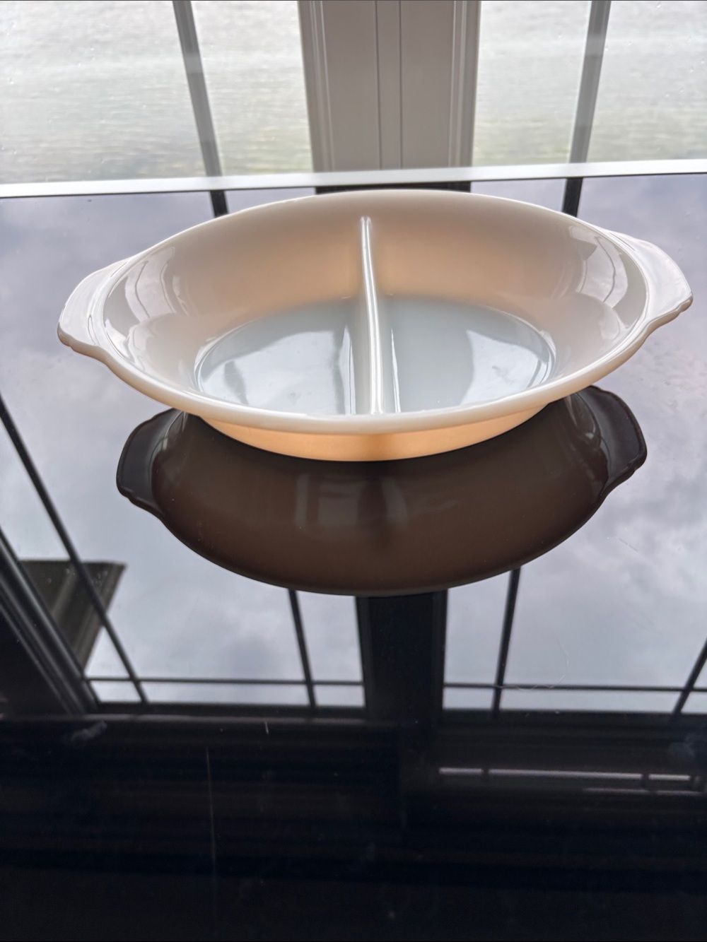 Fire King Peach divided casserole dish
